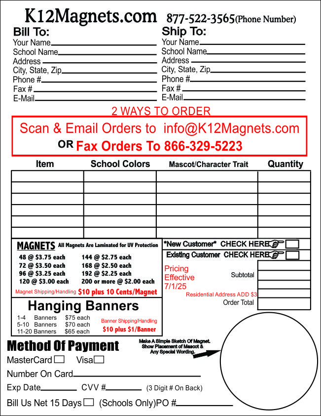 K12 magnets order form for custom magnets